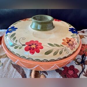 Hand-Painted Ceramic Tagine with Floral Lid - Green, Red, Blue, Orange